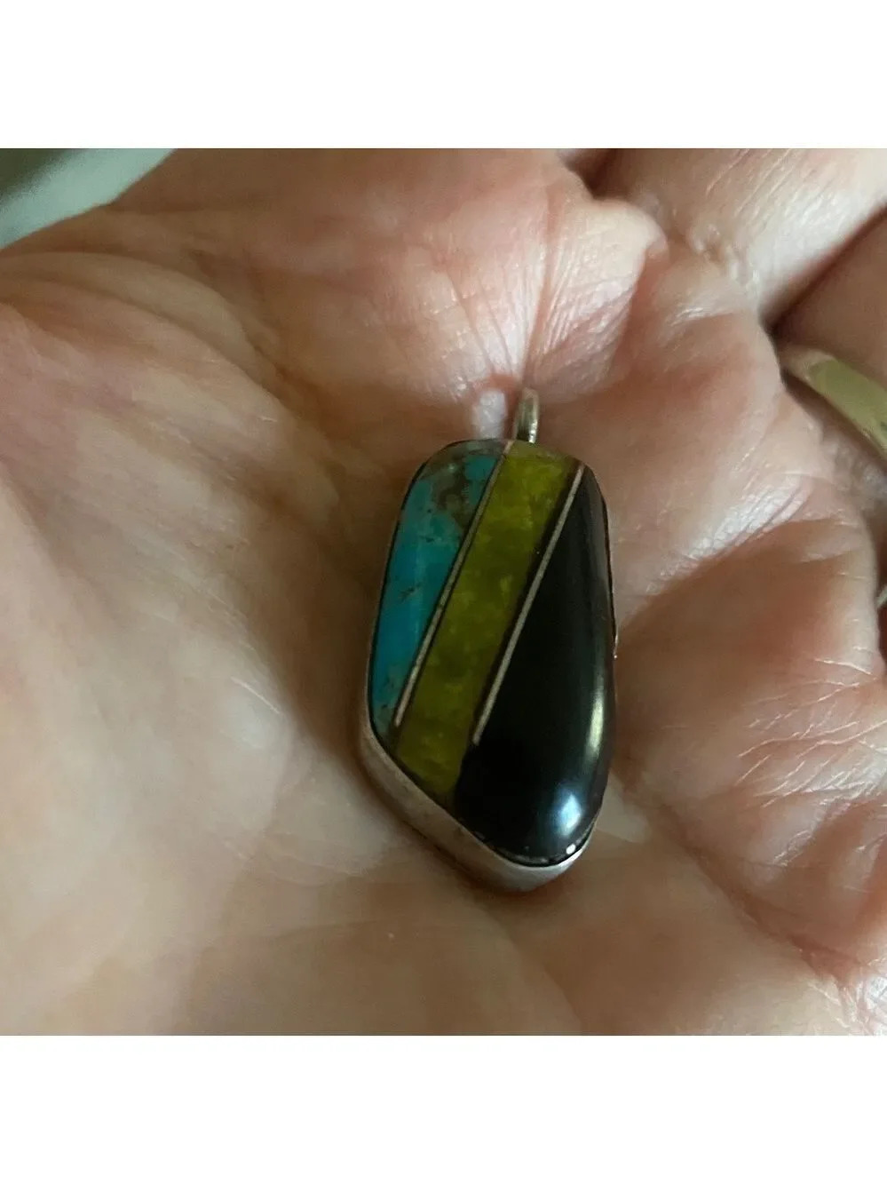 Vintage Sterling Silver Multi-Stone Inlay Pendant Turquoise Onyx